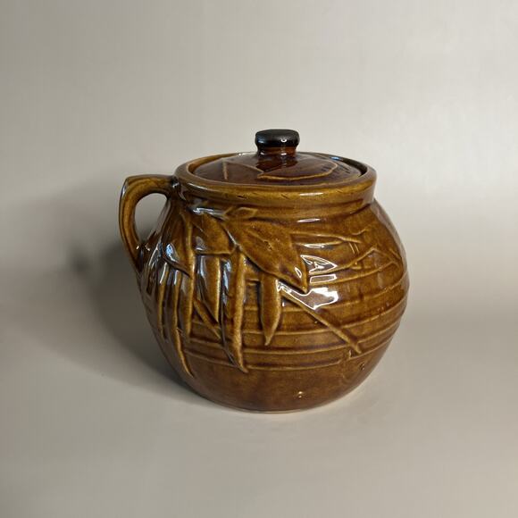 Vintage McCoy Bean Pot, String Bean Design, Brown Glaze, Single Handle, MCM - Picture 1 of 9